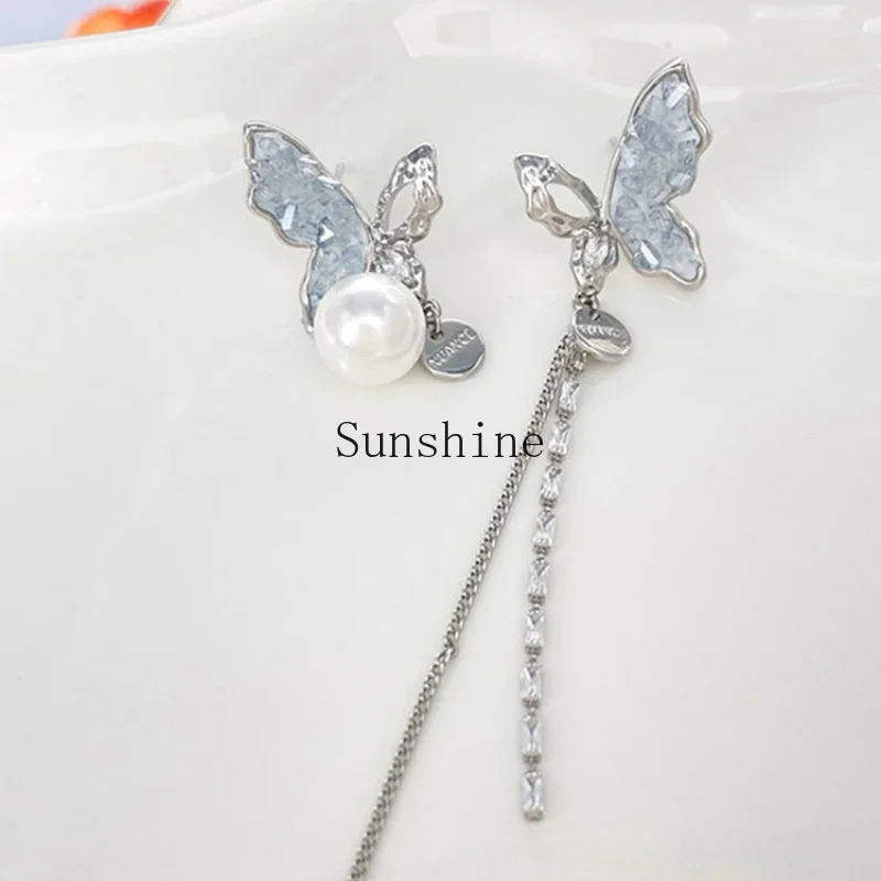 Asymmetrical butterfly crystal pearl fringed earrings mosquito coil disc ear clips high-end temperament women