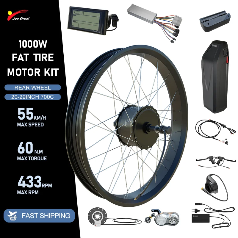 Комплект для переоборудования электровелосипеда с толстыми шинами 1000 Вт, 48 В, с аккумулятором Hailong 13/20 Ач, задняя приводная ступица, колесо двигателя, светодиодный/ЖК-дисплей, преобразование MTB
