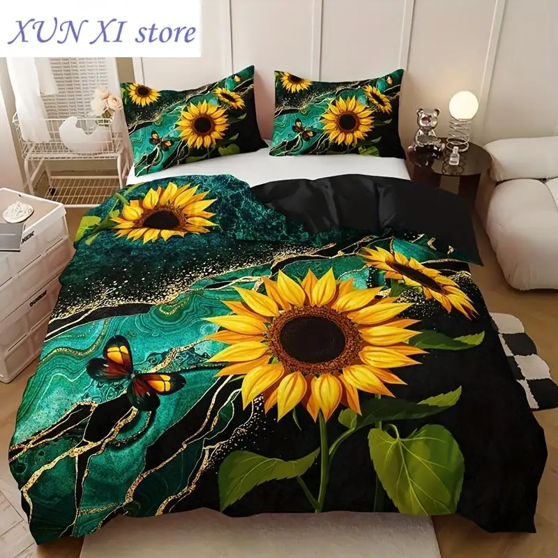 

New 3pcs Duvet Cover Set, Classic Bronzing Marble Sunflower Print Bedding Set, Soft Comfortable Duvet For Bedroom, Guest Room