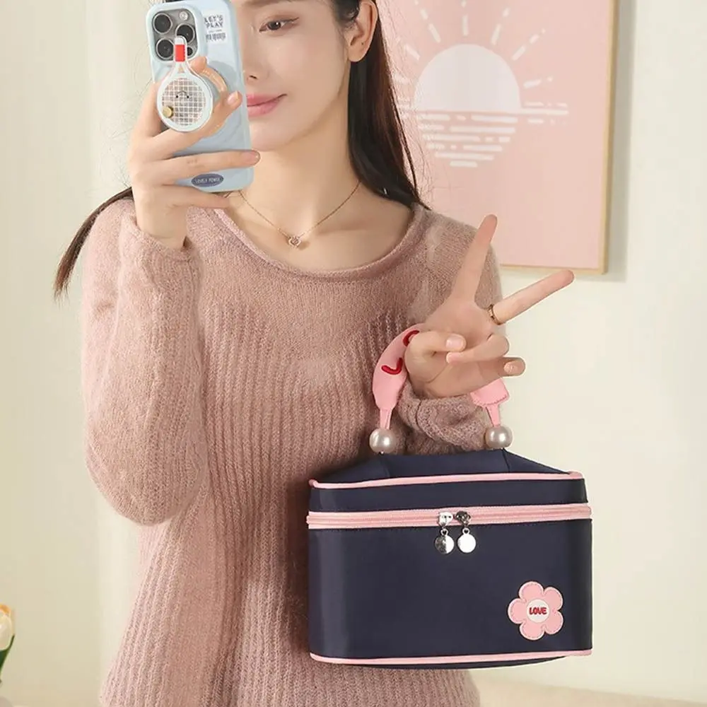 

Portable High Beauty Women Makeup Bag Large Capacity Double Zipper Handheld Cosmetic Bag Square Pearl Wash Bag Ladies