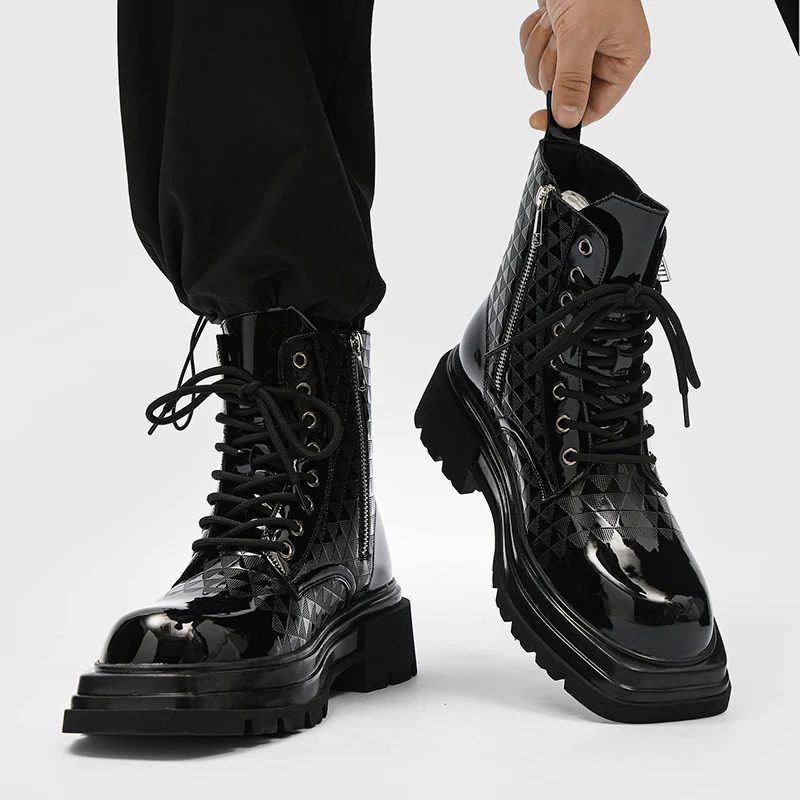 mens fashion hip hop rock dress platform boots black designer patent leather shoes cowboy high boot cool long motorcycle botas