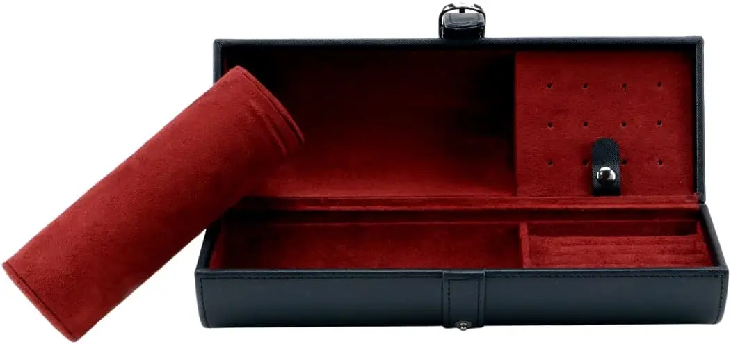 

Travel Size Round Watch Cufflinks Jewelry Box Organizer for 2-3 Watches, Rings, Felt Lined, Removable Pillows, Snap Closure