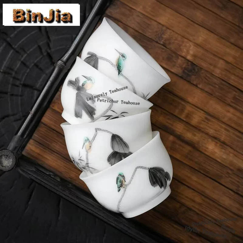 

140ml Heavy Industry Ice Seed Sheep Fat Porcelain Teacup Pure Hand Painted Flower Bird Master Cup Dehua White Personal Tea Bowl