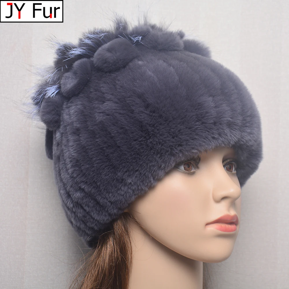 

Hot Sale Russia Women Real Rex Rabbit Fur Hats Elastic Knitted 100% Genuine Rex Rabbit Fur Caps Winter Warm Real Fur Beanies Hat