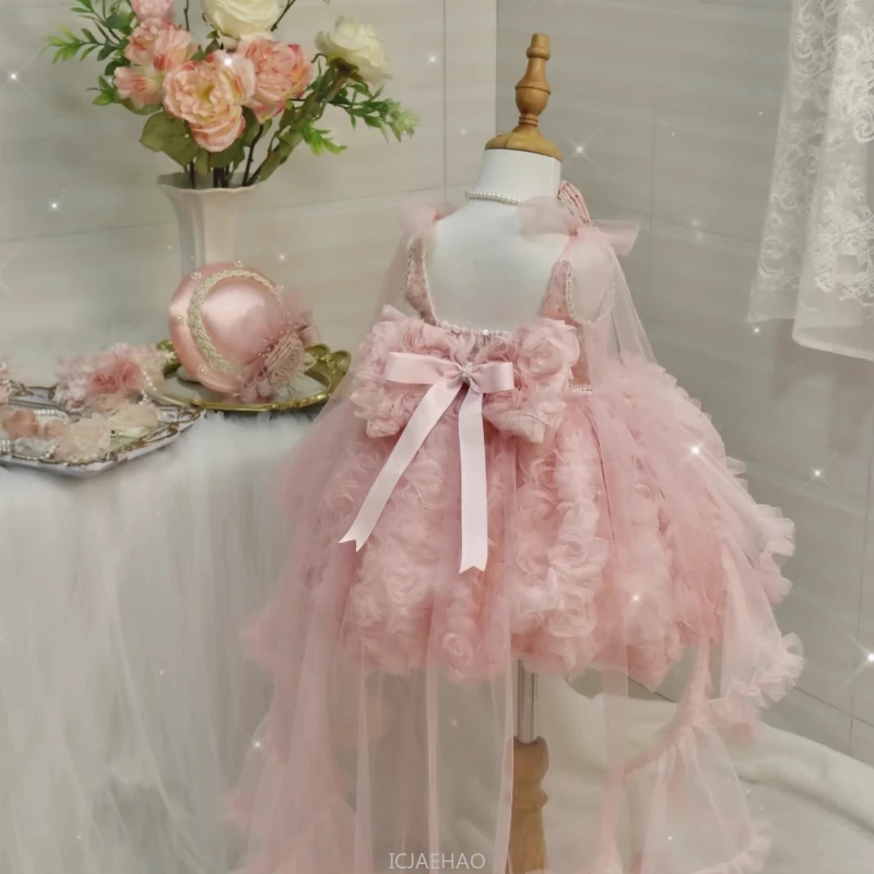 Wed Dress 2025 Pink Kids GirlsCostumes Luxury Princess Children Party Outfits Host Dresses Birthday Flower Girl Train Gown