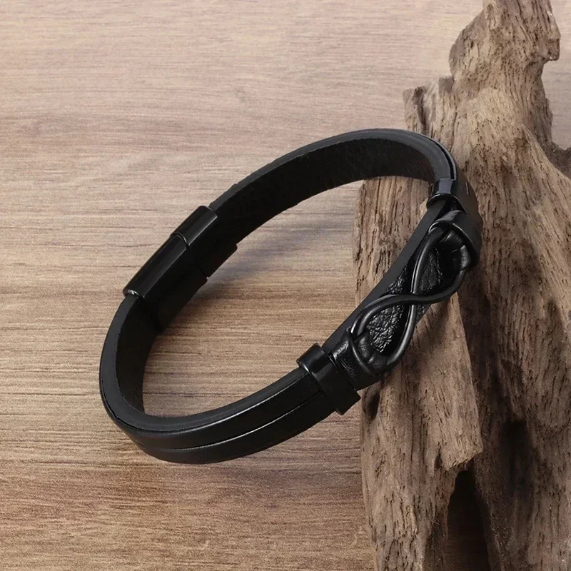 Classic Infinity Logo Handmade Single Layer Leather Bracelet with Magnetic Clasp Men\'s Fashion Business Casual Party Jewelry Gif