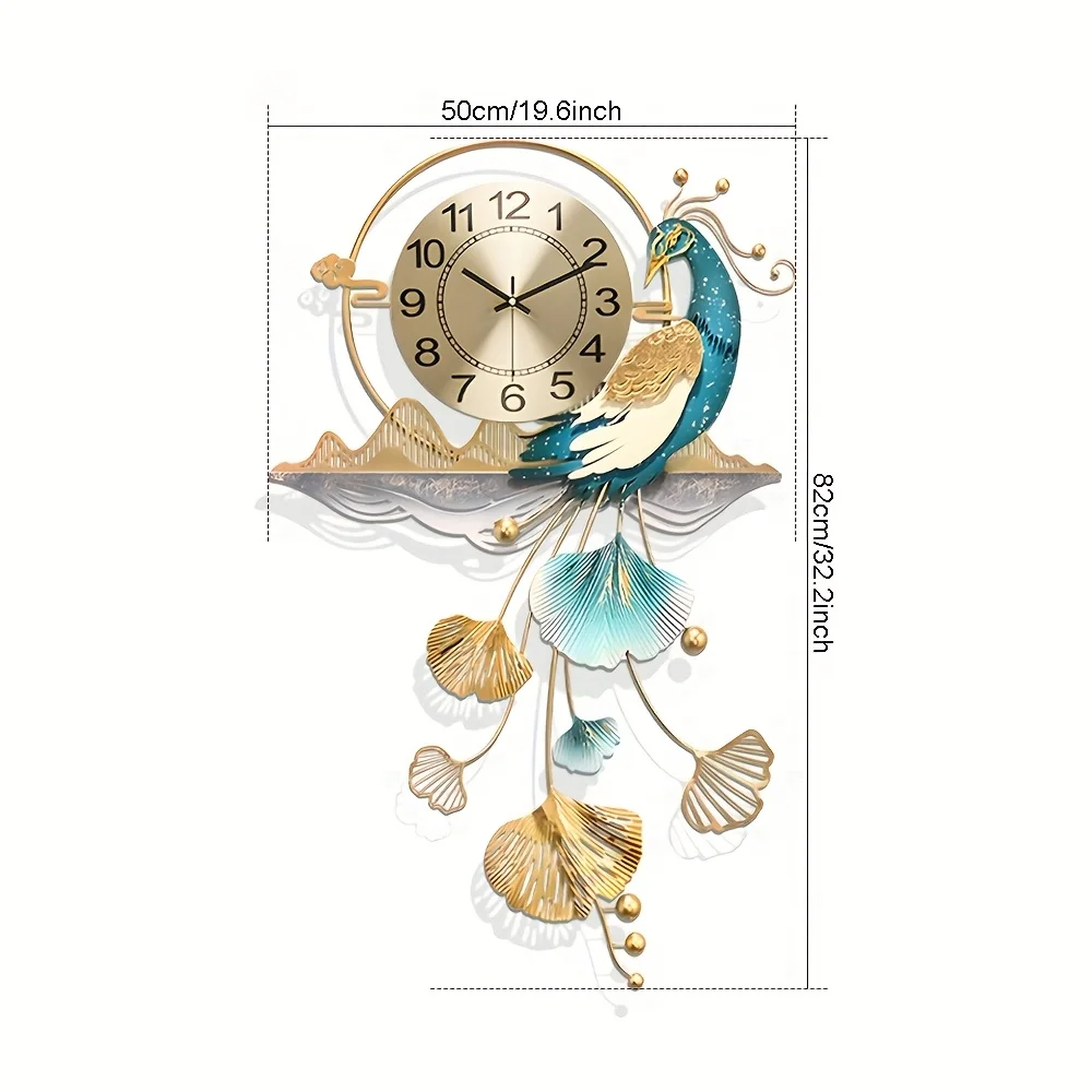 Large Peacock-Themed LED Wall Clock – 32.2 x 19.6 Inches Metal Decorative Clock with Silent Quartz Movement, Ideal for Living Ro view 4