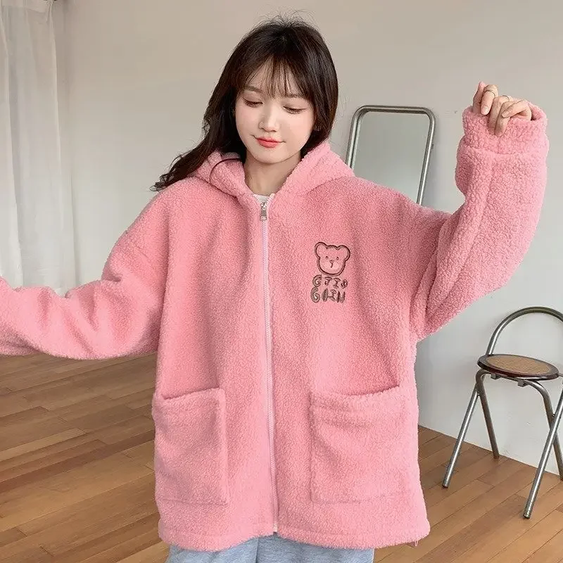 Lamb Wool Women Y2k Sweatshirts Kawaii Korean Zipper Coats Fleece Thick Oversize Bear Ear Print Hooded Preppy Style Harajuku