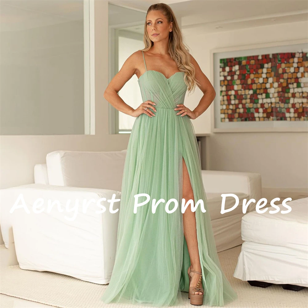 Aenyrst Light Green Spaghetti Strap Corslet Tulle Evening Dresses A Line Side Split Prom Gowns Floor Length Dinner Party Dress