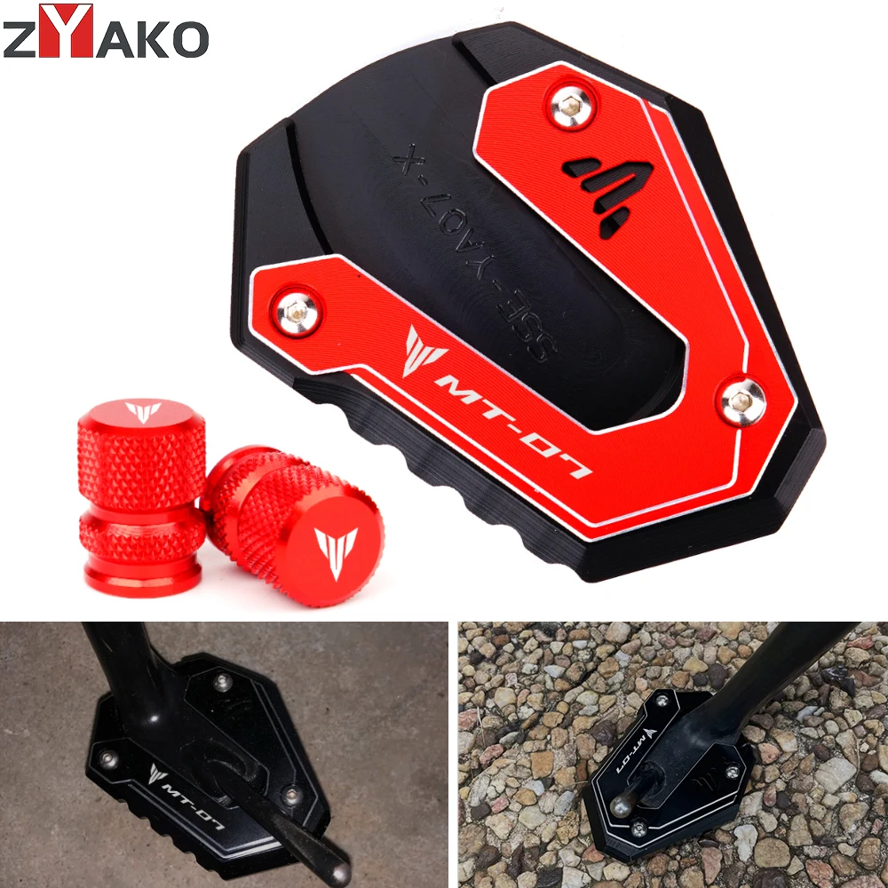 For Yamaha MT07 MT 07 MT-07 2014-2023 2024 Motorcycle CNC Side Stand Enlarge Extension Kickstand Foot Pad Plate Tire Valve Caps