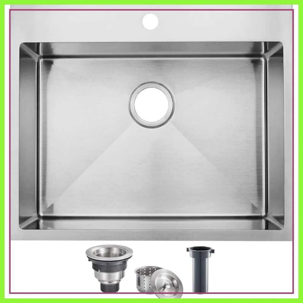 

25x22 Inch Drop In Kitchen Sink, 16 Gauge 304 Stainless Steel, 8 Inch Deep, Brushed Nickel Single Bowl Topmount Sink with Drain