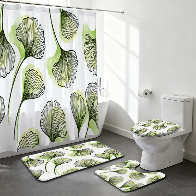 Bathroom Anti-slip Mat Simple Toilet Seat Cover Customizable Patterns Shower Curtain Set 3-Piece Rug Set Polyester Waterproof