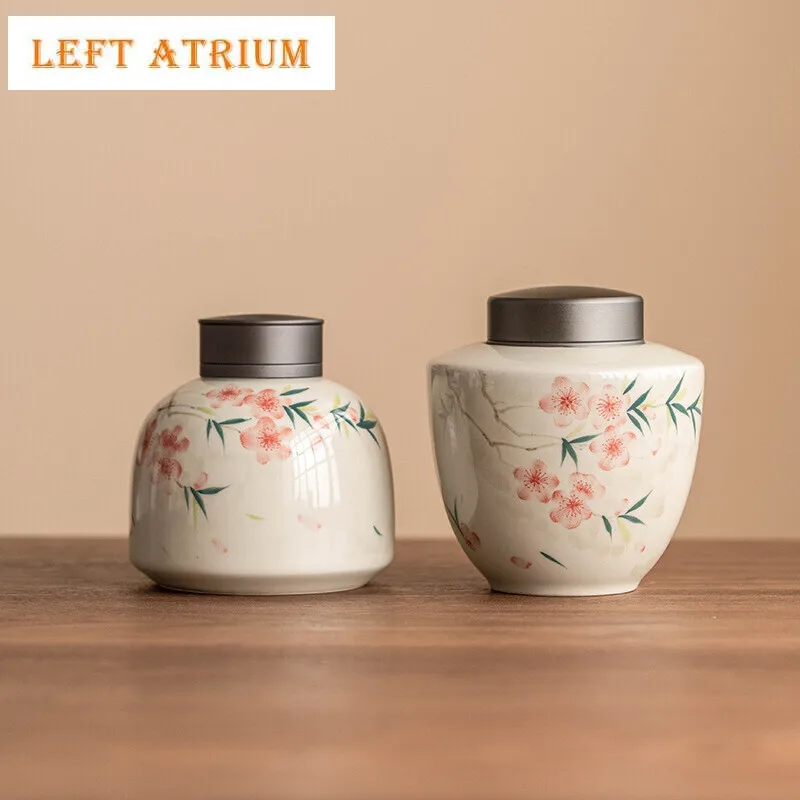 

Hand Drawn Peach Blossom Alloy Tea Box Organizer Moisture-proof Storage Tank Box Containers Tea Caddy Chinese Tea Set Ornaments