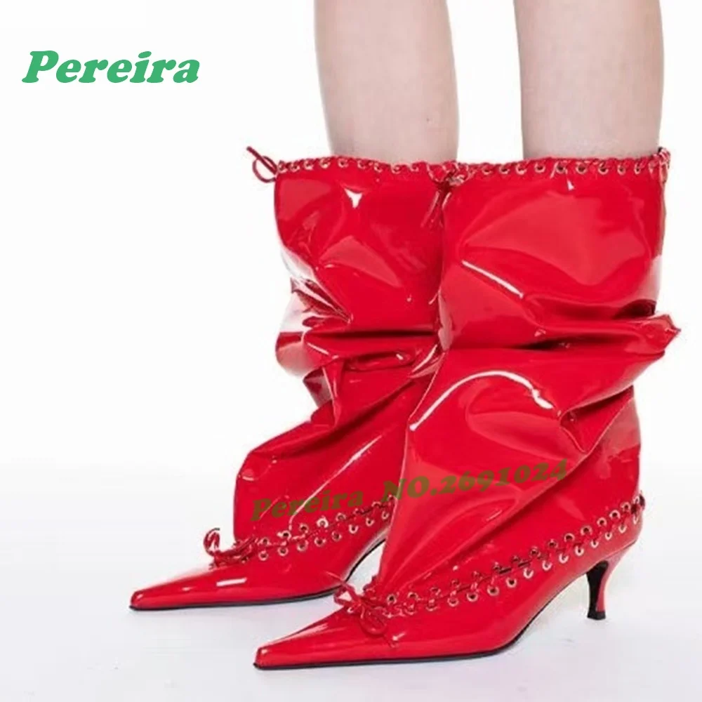 

White Leather Kitten Heel Knee High Boots Pointed Toe Lace-Up Tall Fashion Boots Cross Strap Lace-Up Women's Long Shoes Splicing
