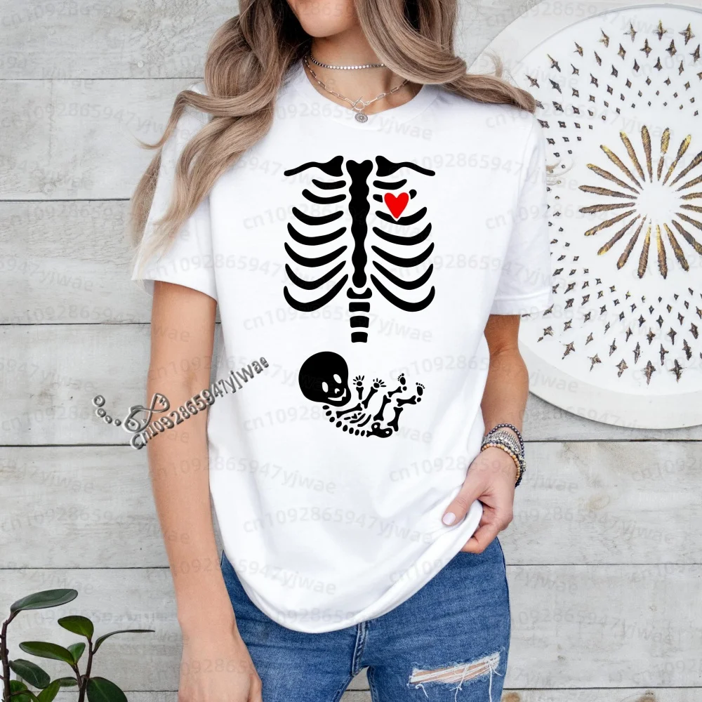 2026 Herren Halloween Skelett Schwangerschafts-Baby Halloween T-Shirt Totenkopf-Knochen-Druck Kurzarm Damen Herren Halloween Paar T-Shirt – Detail 26