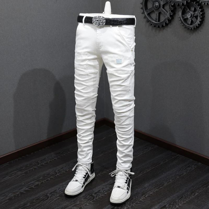 High Street Fashion Men Jeans White Elastic Stretch Skinny Jeans Men Multi Pockets Spliced Designer Hip Hop Denim Pants Hombre