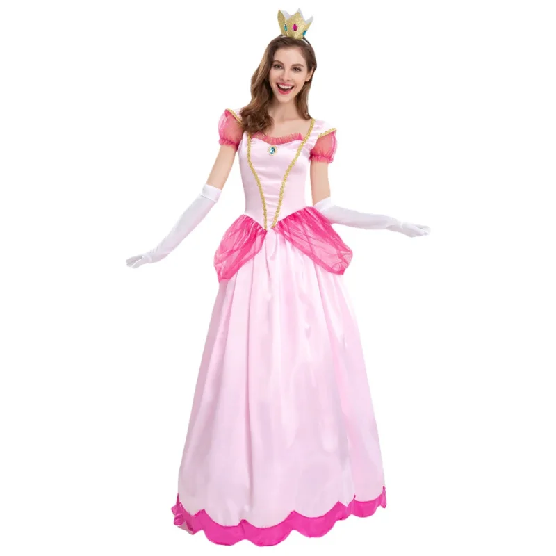 2025 New Women Girls Princess Peach Beech Pink Adult Sexy Fairy Tale Palace Long Dress Performance Cosplay Costume Summ AA