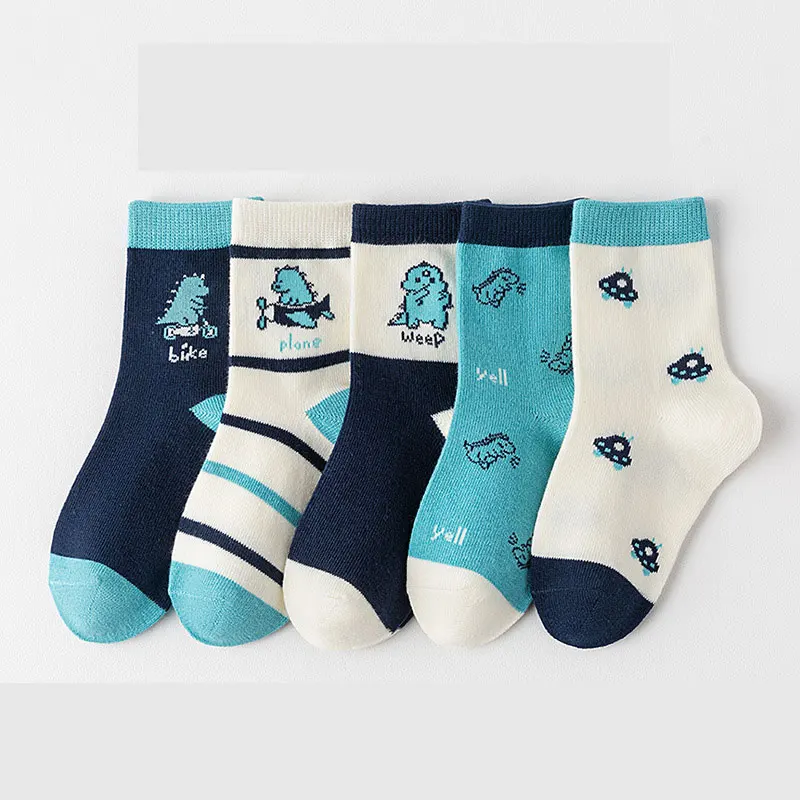 5Pairs Cartoon Dinosaur Kids Mid Tube Socks Boys Odor Resistant Sports Socks 0-14Year Children Cotton Sock Fashion Baby Footwear