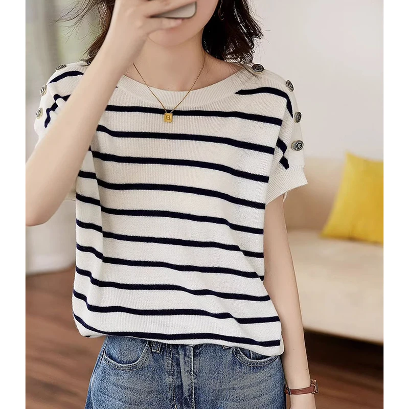 Fashion O-Neck Button Knitted Short Sleeve Striped T-Shirts Women Clothing 2024 Summer New Loose Casual Tops Commuter Tee Shirt