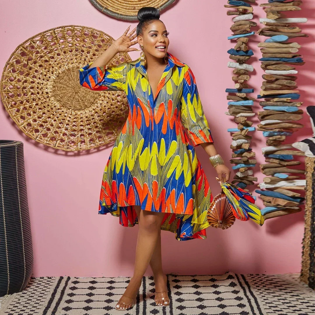 Летнее сексуальное африканское женское платье с v-образным вырезом и рукавом три четверти с принтом длиной до колена, платья с африканским принтом, африканская одежда