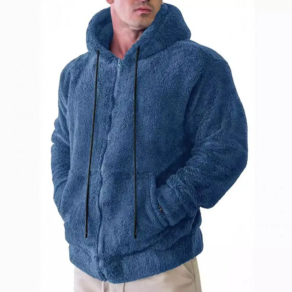 Winter Outdoor Coat Men's Winter Hooded Sweater with Zip-up Drawstring Pockets Thick Plush Solid Color Cardigan for Outdoor