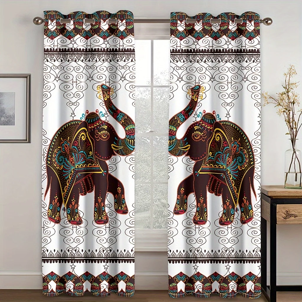 

2pcs Boho Curtains,Bohemian Hippie Art Theme Window Drapes With Mandala Animal Elephant Pattern Curtain For Bedroom Living Room