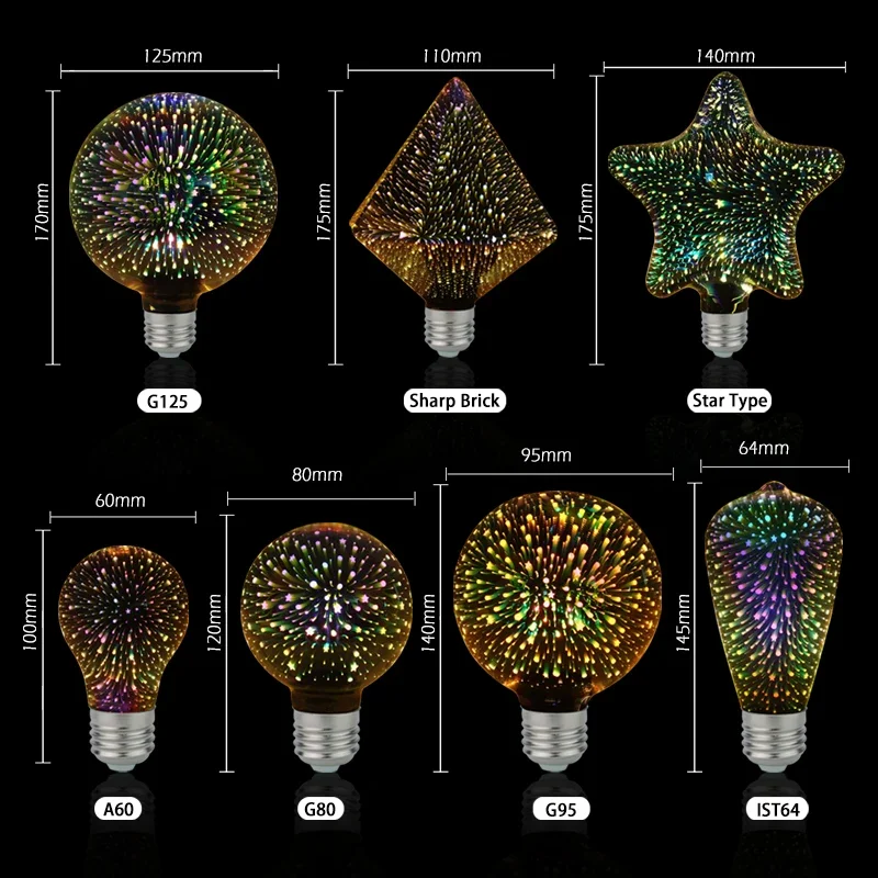 4pcs/lot 3D Led Bulb Star Firework E27 Vintage Edison Night Light 220V A60 ST64 G80 G95 G125 Holiday Novelty Decoration Lighting