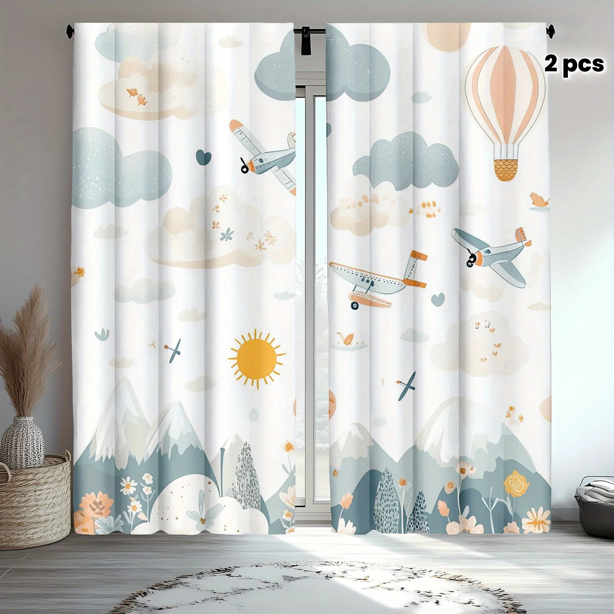 2pcs Aircraft Curtains, Shanyin Airlines and Cloud Design for Bedroom Window