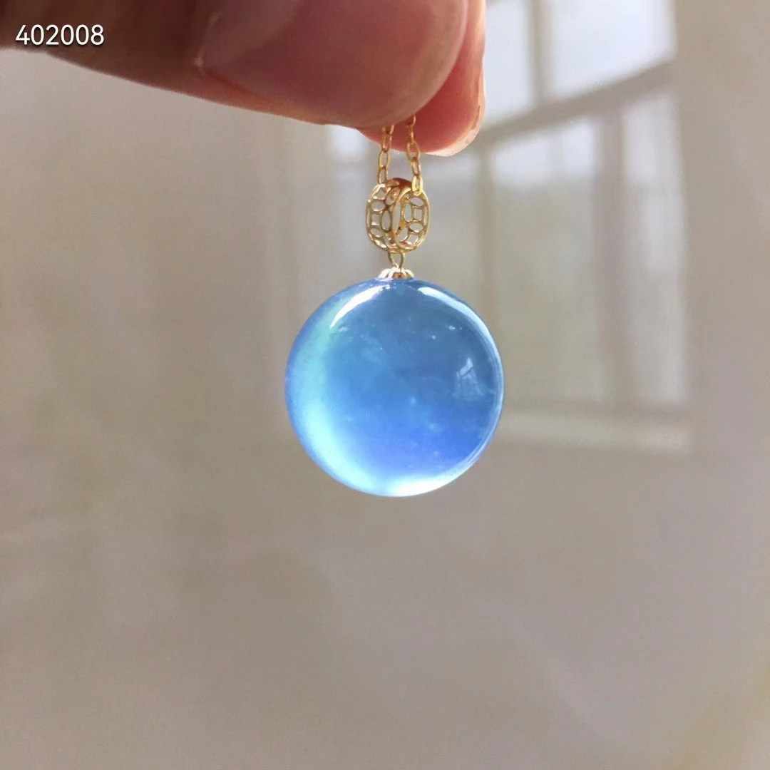 Natural Blue Aquamarine Quartz Pendant Brazil Jewelry 18K Gold 15mm Blue Aquamarine Oval Necklace AAAAA