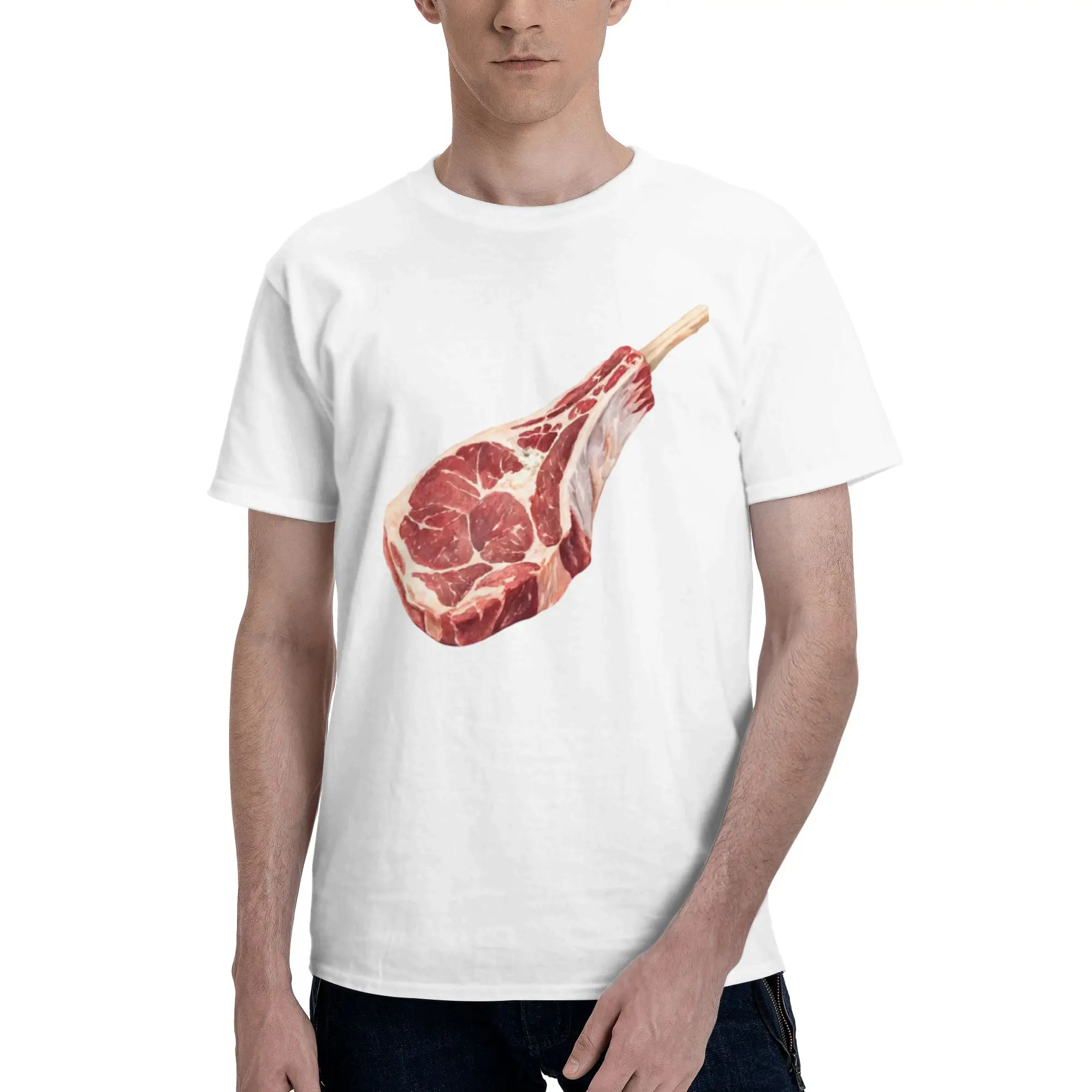 Raw Tomahawk Steak Meat Photo Men T Shirts  Fashion Tee Shirt Short Sleeve Crewneck Pure Cotton Unique Clothing T-Shirt