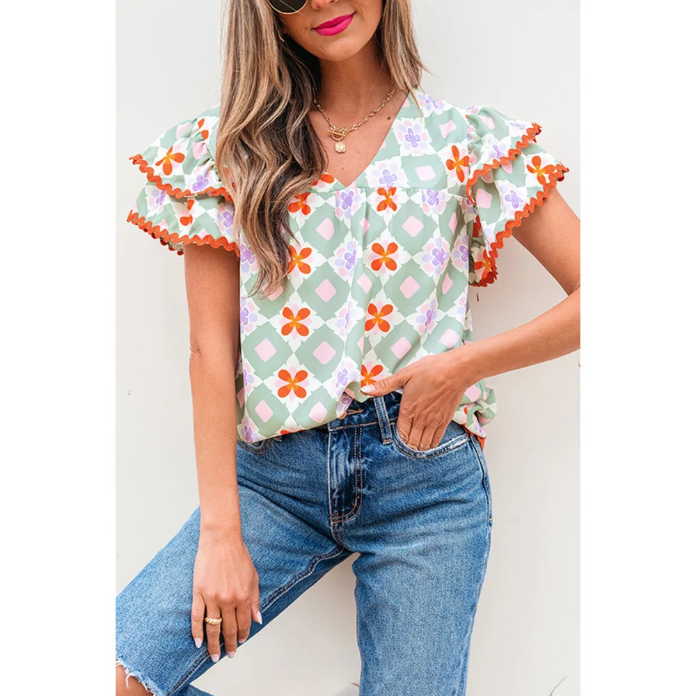 

Womens Summer V Neck Blouse Floral Print Chiffon Top Casual Loose T Shirt Geometric Pattern Sleeveless Fashion