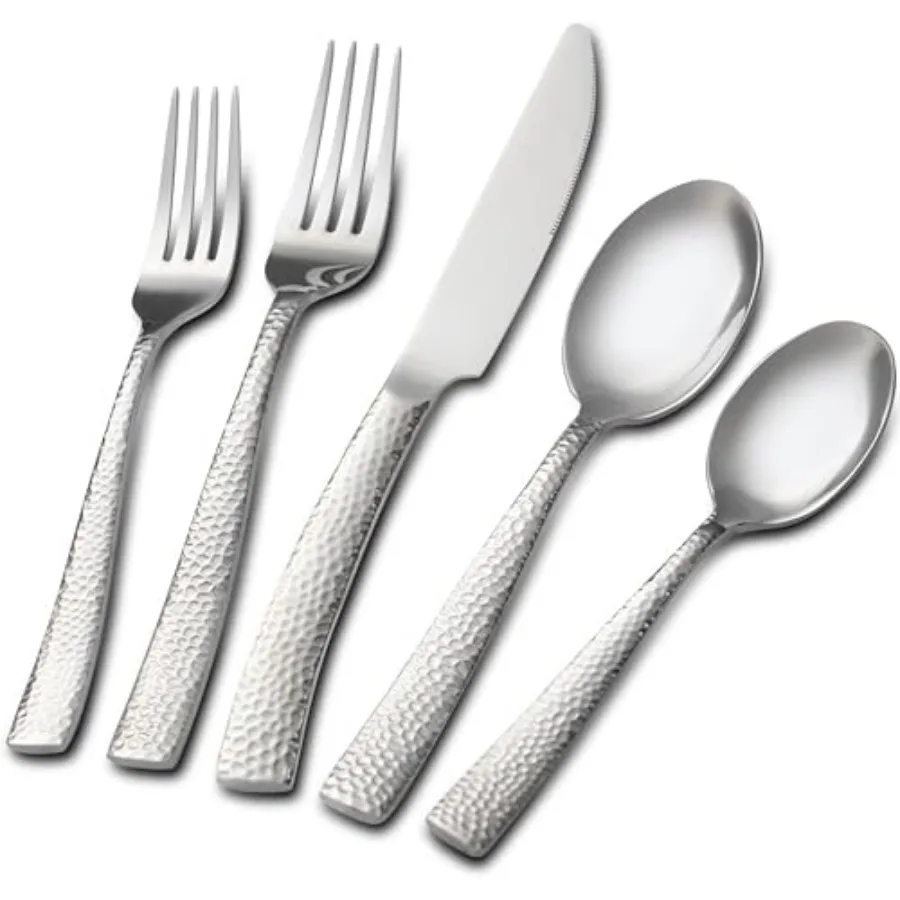 

Набор столовых приборов из нержавеющей стали, 40 предметов, с эффектом кованого серебра, для 8 персон, пищевая сталь, для дома, вечеринок, свадеб, зеркальная полировка