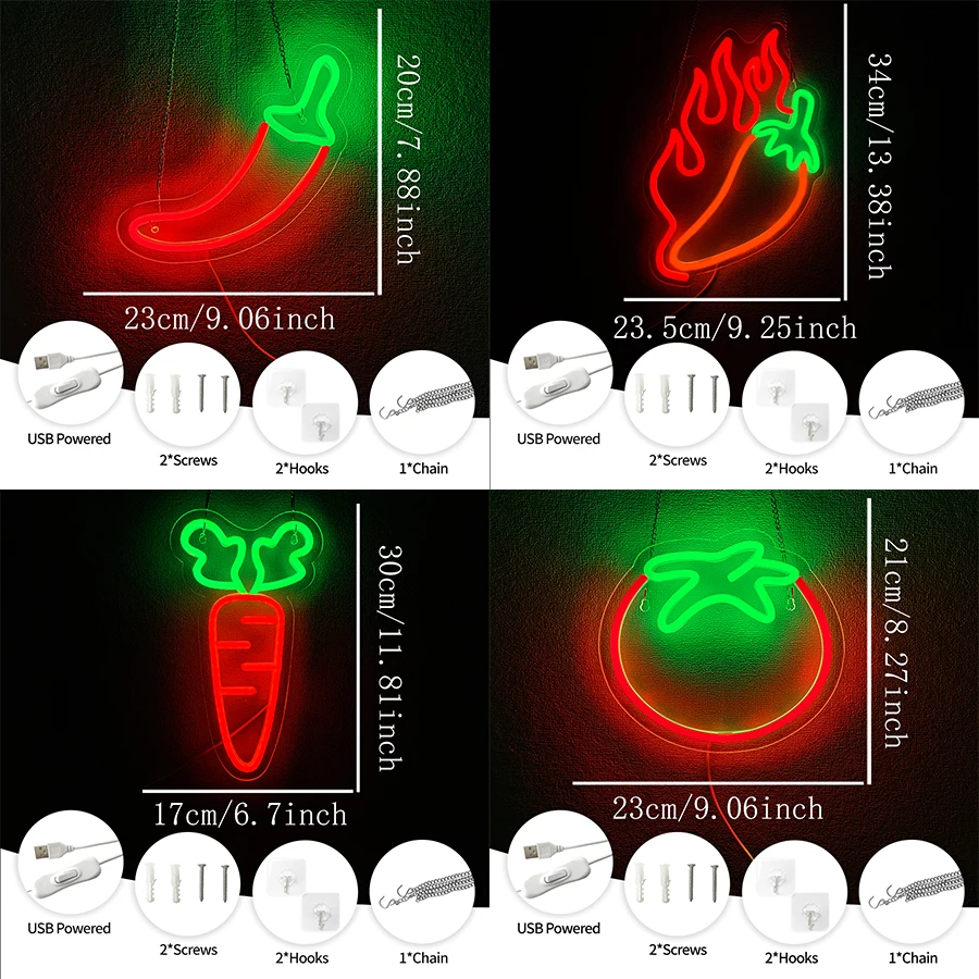 Vegetable Led Neon Sign, Pepper And Carrot Icon, Used For Decor In Family Kitchens, Restaurants, Buffets, Shops And Parties.