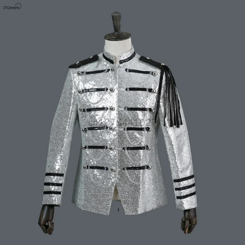 

Mens Black Sequin Blazer Stand Collar Fringe Design Nightclub Blazer Party Stage Cosplay Costumes Medieval