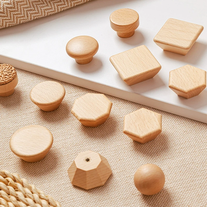 Wooden Hexagon Square Round Drawer Knobs Cupboard Closet Furniture Handles Kitchen Cabinet Handles Door Decoration Wood Knobs