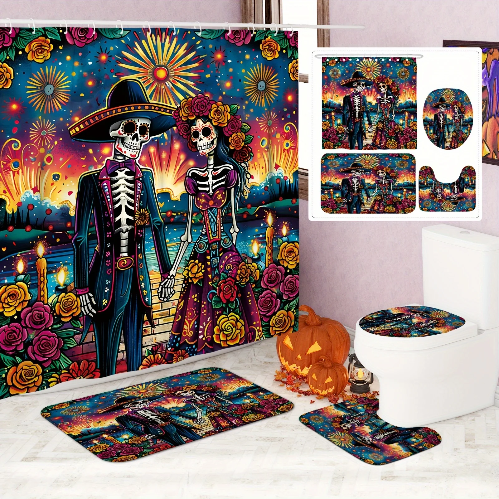 

4pcs Day of The Dead Bathroom Set, Mexican Skeleton Flowers Halloween Shower Curtain Non-Slip Bath Mat & U-Shape Toilet Cover