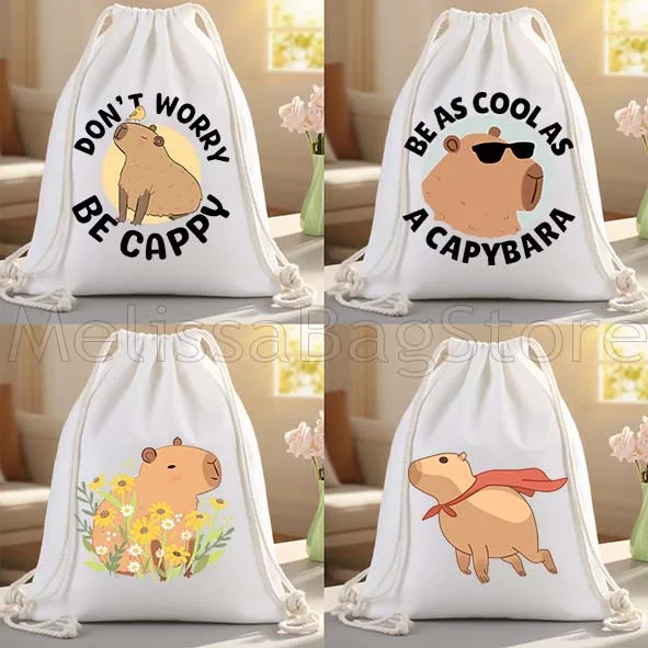 Cute Cartoon Capybara Canvas Drawstring Bags Soccer Backpack Gym Sackpack Gifts String Bag for Exercising Hiking Sports Yoga