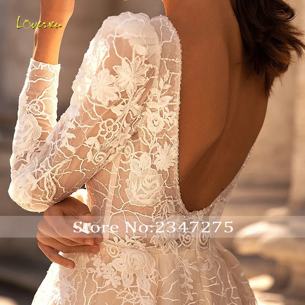 Loverxu linha a vestidos de casamento vintage com decote em v manga longa vestido de novia bordado apliques encantador feito sob encomenda vestido de noiva