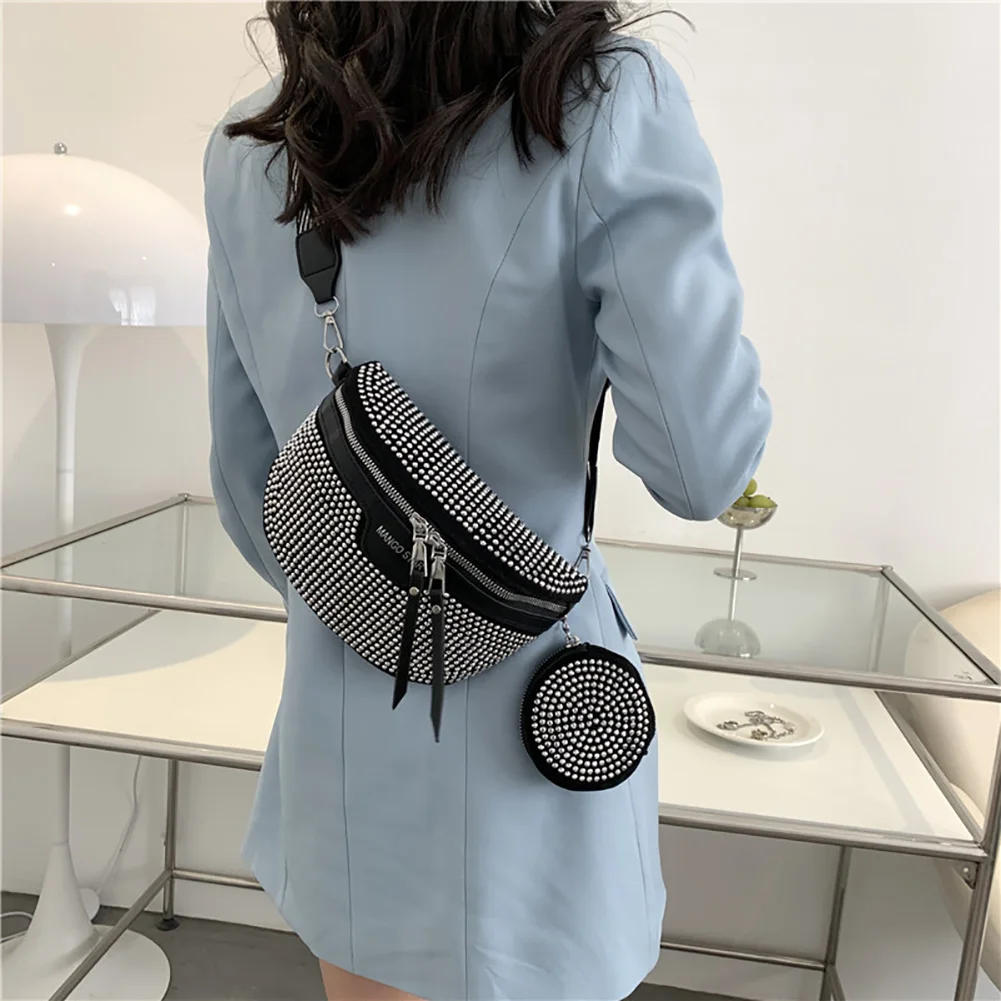 Fashion Rhinestone Waist Belt Bag Women Chest Crossbody Pack PU Bling Fanny Pack for Outdoor Shopping Business