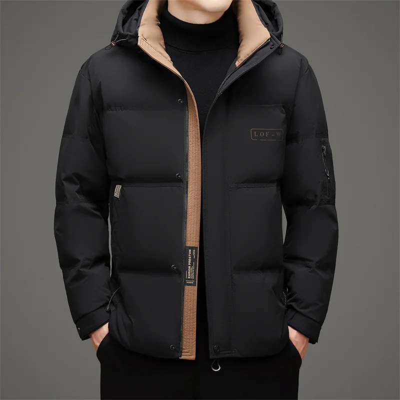 Winter Men Black Beige Puffer Parkas Thermal Thick Hooded Coat Male Casual Cosy Outerwear White Down Puff Overcoat Male Outfits