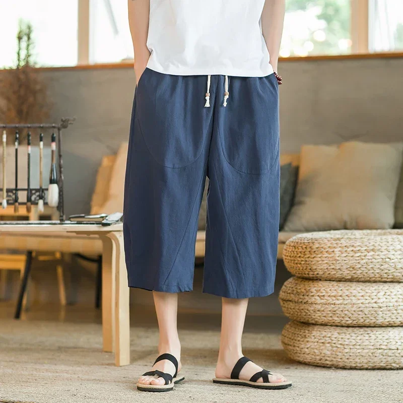 Chinese Style Summer Men Linen Pants 2023 Men Wide Leg Trousers Male Drop Crotch HipHop Man Joggers Calf-Length Pants Track Pant