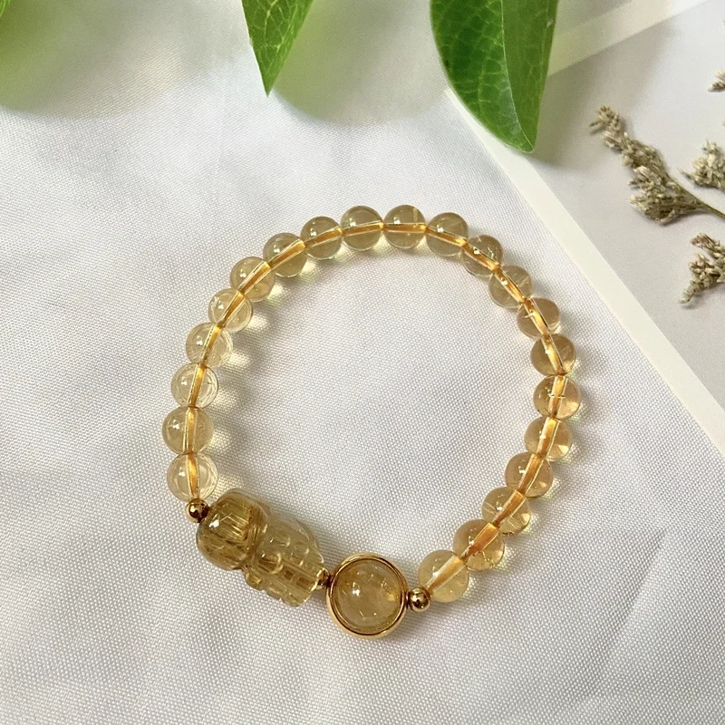 

Natural Yellow Citrine Crystal Bracelets Round Beads With Gold Rutilated Quartz Pixiu Charm Lucky for Women Fashion career Jewel