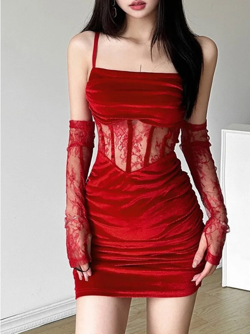 

French Style Spicy Girl Sexy Lace Camisole Dress Elegant Hollow Out Slim Fashion Sweet Korean Women Mini Dress Tops Red 7CNM