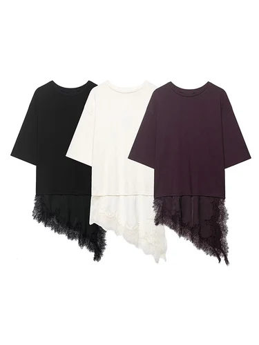 Imagen 1 del producto Camisetas Irregulares para Mujer, de Manga Corta, Holgadas, con Encaje, Estilo Coqueta, Elegantes y Chic, Moda Urbana, Nueva Colección