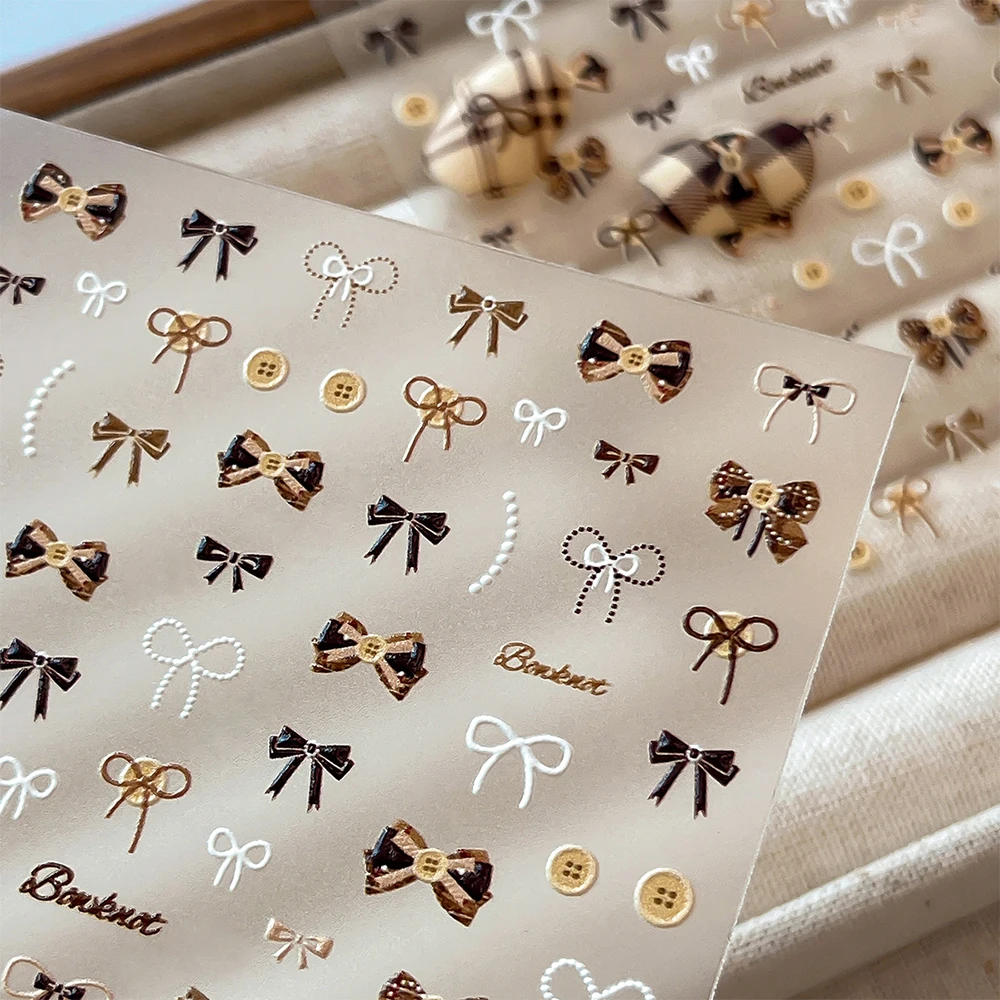 Retro Bowknot Brown Button Nail Art Stickers 5D Embossed Self-Adhesive Cute Bow Button Nail Decoration Manicure Decals Accessory