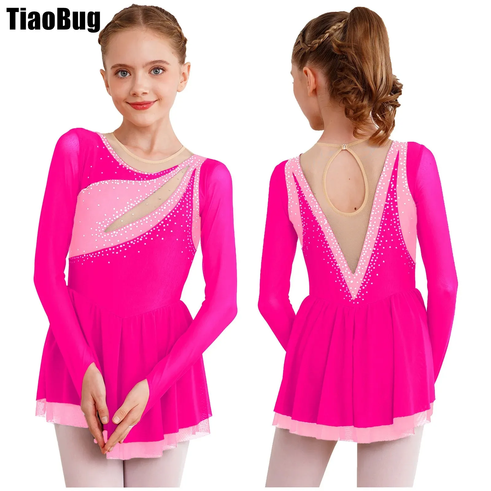 

Kids Girls Color Block Patchwork Dance Dress Glittery Rhinestone Sheer Mesh Long Sleeve Keyhole Back Figure Skating Dresses