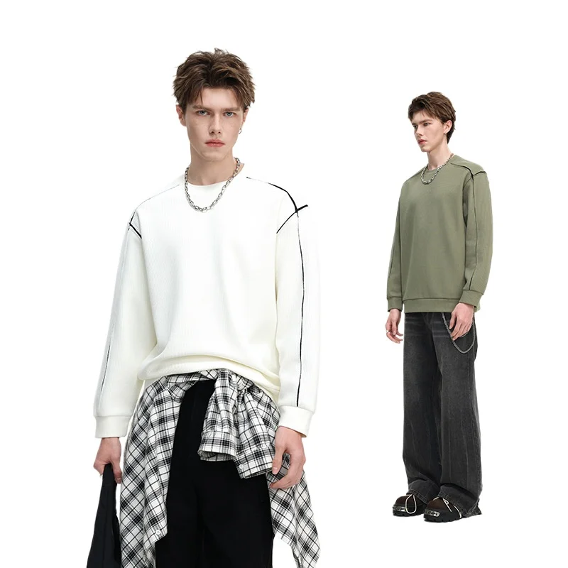 Old Money Style Men's Crew Neck Loose Long Sleeve Sweatshirt, Fleece-Lined Casual Base Shirt, Spring And Autumn