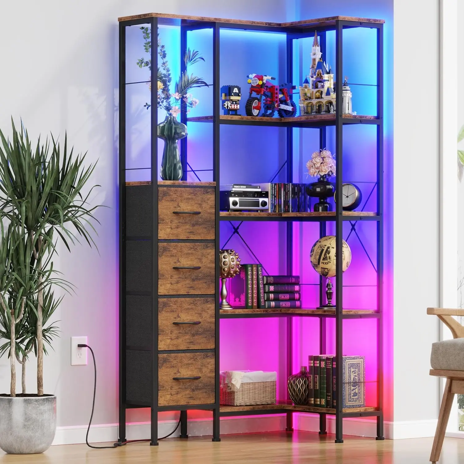 

Corner Bookshelf with LED Light Strips & 4 Fabric Drawers, 5-Tier Convertible Corner Shelf with Display Shelf, Large Wood