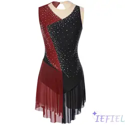 Women Ballerina Costume Figure Skating Dance Costume Sparkly Rhinestones Patchwork Skirted Leotard Fancy Performance Suit