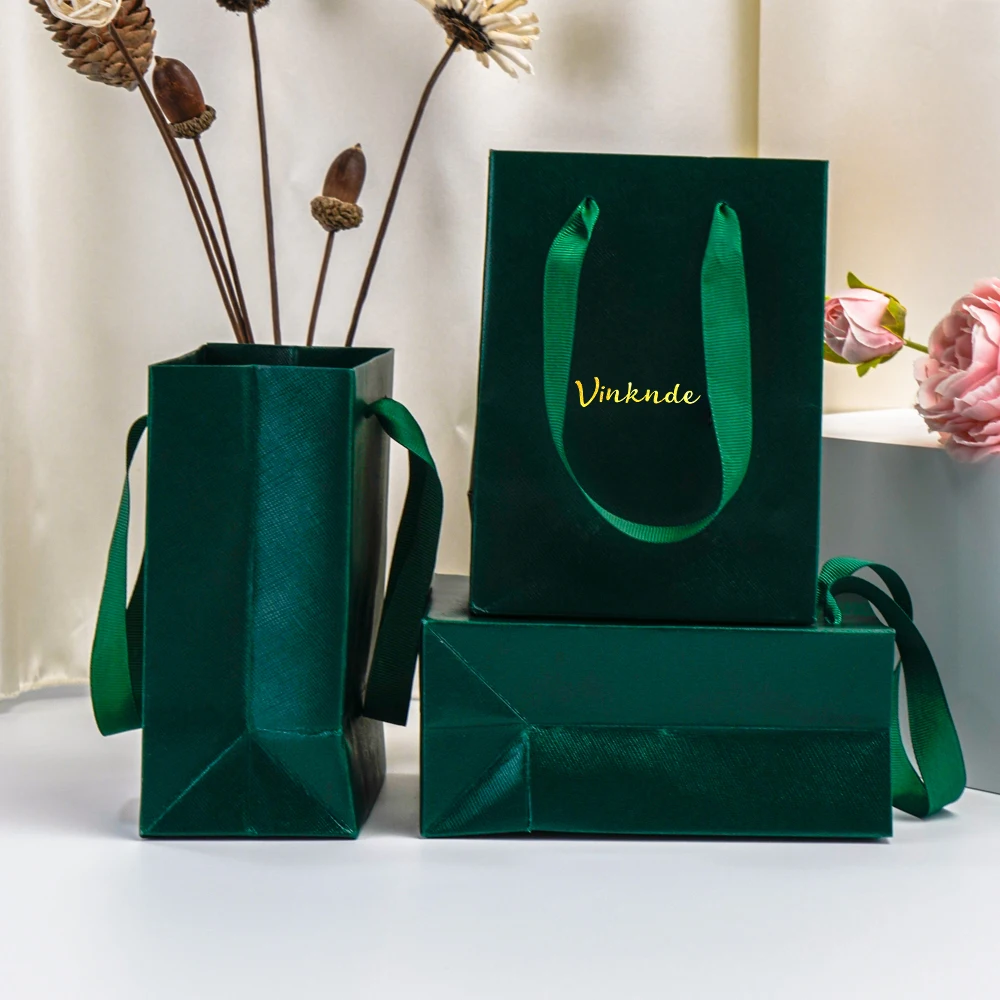 الجملة شعار مخصص الذهب احباط شعار فاخر الأخضر الداكن حقائب للهدايا كرتون ورقة حمل الحقائب حفل زفاف التسوق كيس الحلوى #6